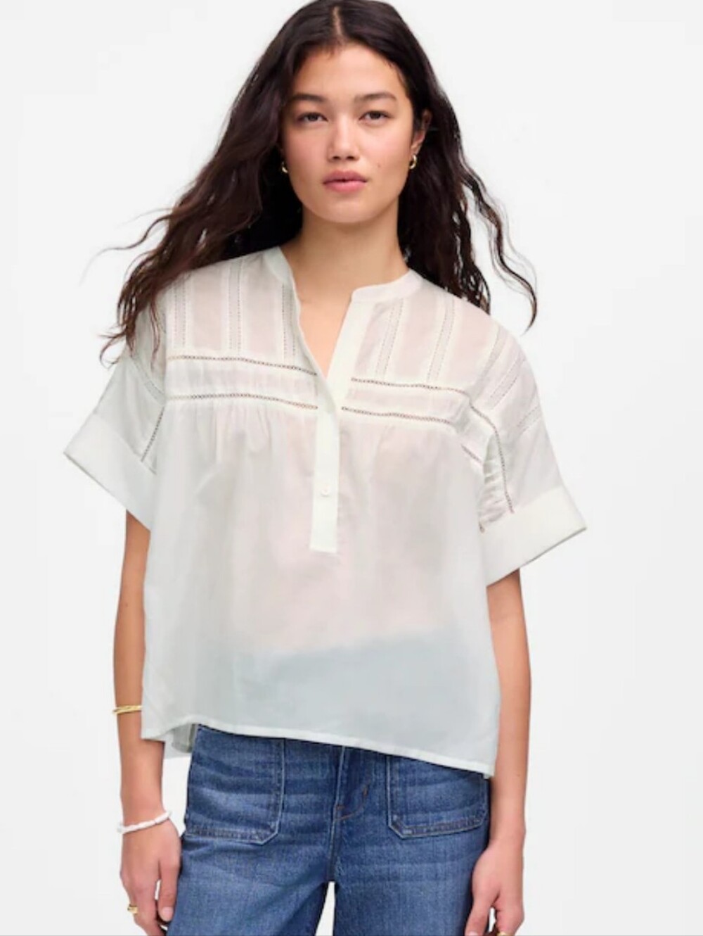 Madewell Lace-Inset Pintucked Henley Top White Size Medium